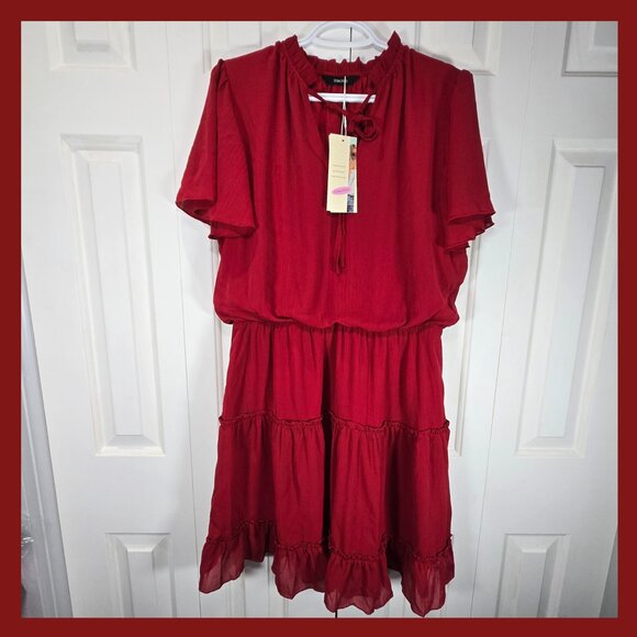 NWT Dark Red Ruffle Summer Dress – Size Large, Tie-Up Neck - Picture 1 of 7